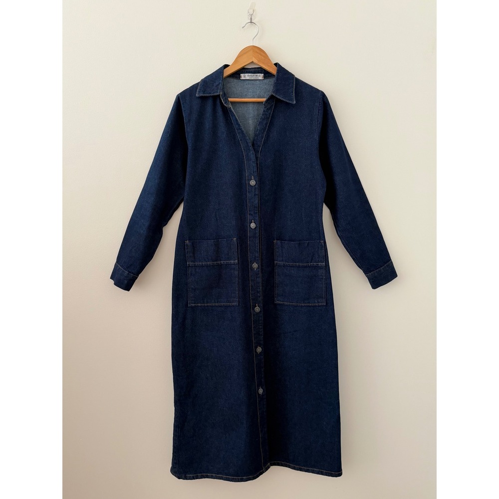 Bakkali Mode Denim Midi Shirt Dress Dark Wash Button Front Moroccan Approx M/L - Picture 4 of 8